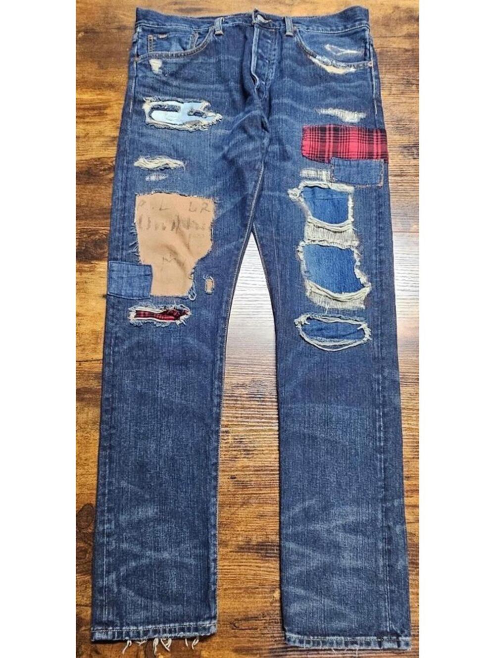 Polo Ralph Lauren Button Fly Patchwork Distressed Denim Sullivan Jeans 32x32